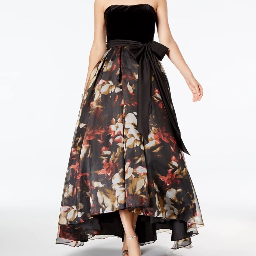 Betsy & Adam Black Velvet and Floral High-Low Gown, Size 4.